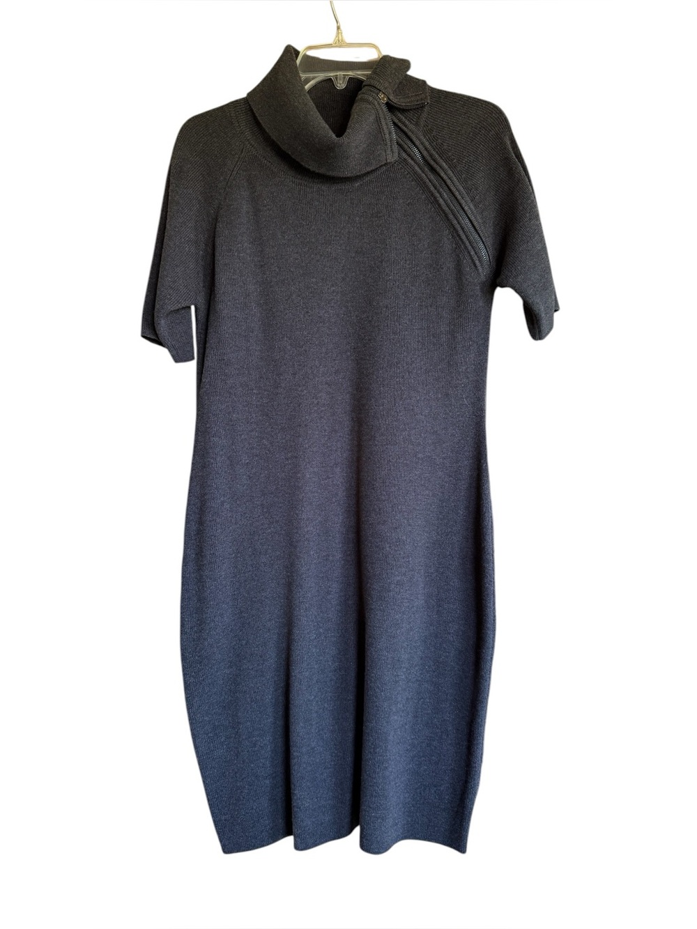 Calvin Klein Cowl Neck Sweater Dress Charcoal Gray L Midi Diagonal Zip NWT